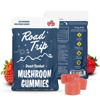 Road trip strawberry stardust magic mushroom gummies packaging showing the front and back. 