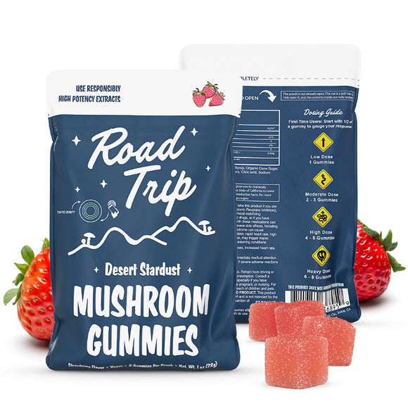 Road Trip Strawberry mushroom gummies packaging, front and back