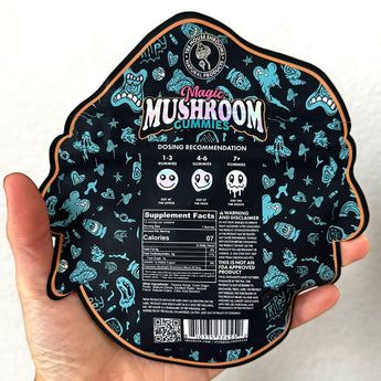 A photo of the back of the Tre House nootropic magic mushroom gummies showing the dosing recommendation and nutrition facts for the flavor Sour Tropical.  