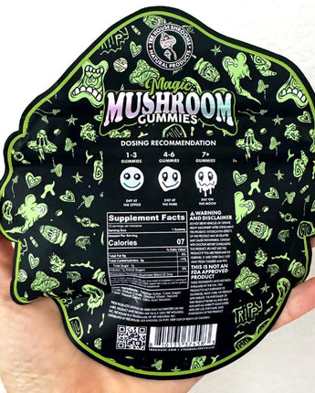 A photo of the back of the sour apple Tre House mushroom gummies showing the dosing recommendations and nutrition facts.