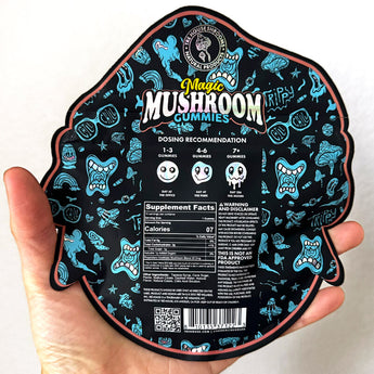 A photo of the back of the 4-pack bundle, Tre House mushroom gummies, showing the dosing recommendation and nutrition facts for the flavor Juicy Mango.