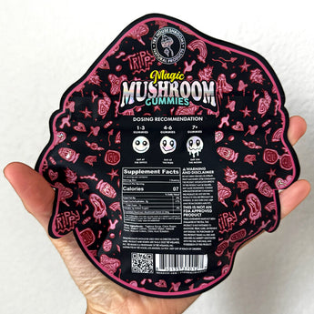 A photo of the back of the watermelon wonder Tre House mushroom gummies showing the dosing recommendations and nutrition facts.