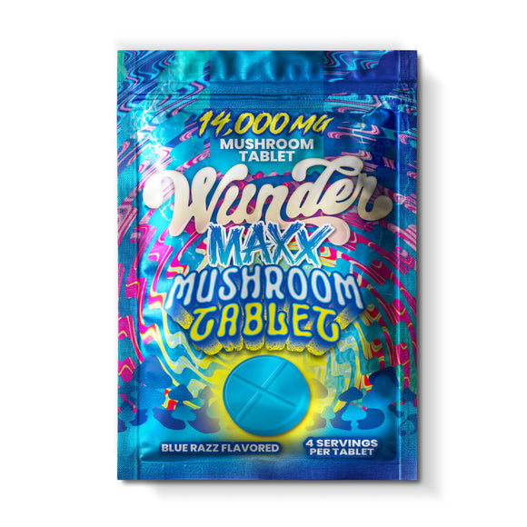 Wunder Maxx Blue Razz mushroom tablet blister pack with one scored tablet
