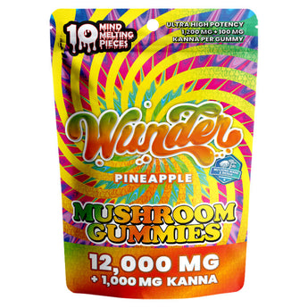 Close-up of Wunder High Potency Mushroom Gummies with Kanna extract.