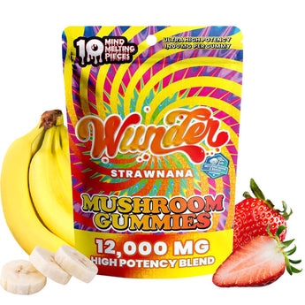 Wunder strawnana mushroom gummies packaging with bananas and strawberries on a white background.