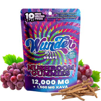 Wunder mushroom and gummies packaging with grapes and kava sticks on a white background.