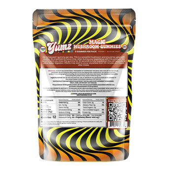 Yumz Mushroom Gummies back label, mango flavor, ingredients and nutrition facts, vegan, lab-tested, 1400mg potency, THC-free.