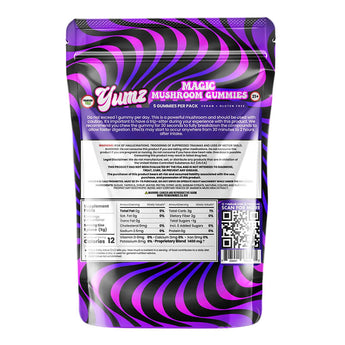 Yumz Mushroom Gummies back label, mixed berry flavor, 1400mg potency, vegan, lab-tested, THC-free, ingredients, and nutrition facts.