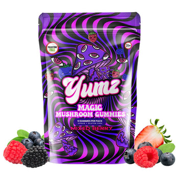 New Yumz Mushroom Gummies, mixed berry flavor, vegan, 1400mg potency, THC-free, lab-tested, made in the USA, call to action.