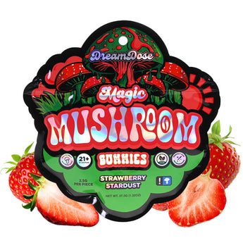 A picture of the dream dose magic mushroom gummies Strawberry Stardust product packaging. 