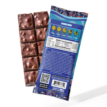 Day Tripper Chocolate Crunch Mushroom Bar back of the package showing the nutrition facts, ingredients and dosing guide. 