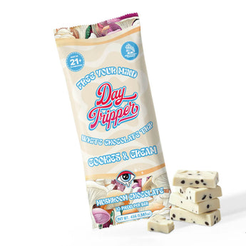 Day Tripper Cookies & Cream Mushroom Chocolate Bar with white chocolate and cookie crumble design