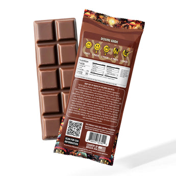 Day Tripper Milk Chocolate Mushroom Bar with the back of the bag shows the dosing guide, nutrition facts, and ingredients. 
