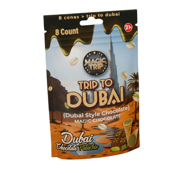 Magic Trip Dubai Chocolate with a Crisp waffle-style cone filled with creamy milk chocolate and roasted pistachio pieces.