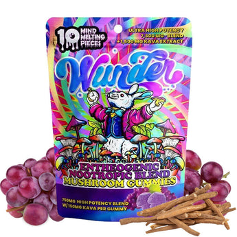 Product Picture of grape-flavored magic mushroom gummies with Kava from Wunder brands. 