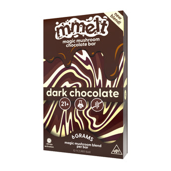  Front of Mmelt Dark Chocolate Magic Mushroom Bar, 6g active blend with 10 squares.
