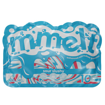 Mmelt Sour Slushy Mushroom Gummies are a 10-ct pack with blue raspberry flavor and 0.6g legal psychoactive blend per gummy for a bold psychedelic trip.
