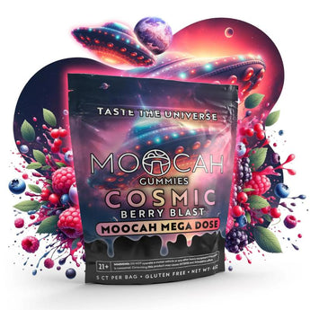 Photo rendering of Moocah mega dose mushroom gummies, cosmic berry blast. 