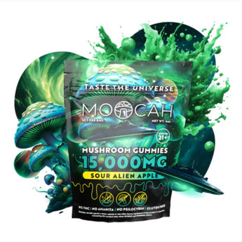 Moocah Sour Alien Apple Magic Mushroom Gummies 5ct bag with bold flavor and high-potency legal mushroom gummies.