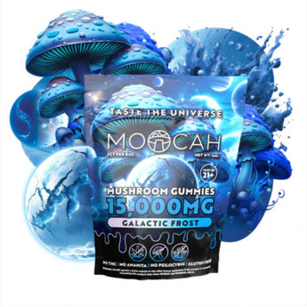 Moocah Galactic Frost Magic Mushroom Gummies are in a 5-ct bag. They have an icy mint, berry flavor and legal high-potency mushroom formula.
