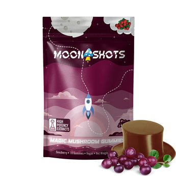 Moonshots Snozberry Mushroom Gummies 10 count bag with playful cosmic berry design, which includes the hat of Willy Wonka.
