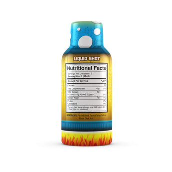 The back of Moonshots' mushroom syrup liquid shot showing the nutritional facts and ingredients. 