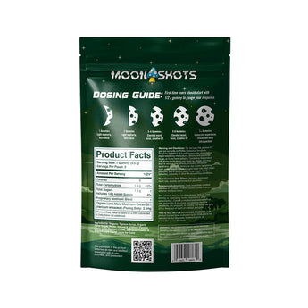 Moonshots Apple Mushroom Gummies 10 count bag with ingredients and dosing guide.