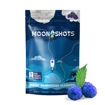 Moonshots Blue Raspberry Mushroom Gummies 10 count bag with cosmic blue candy design and mind-bending effects. 