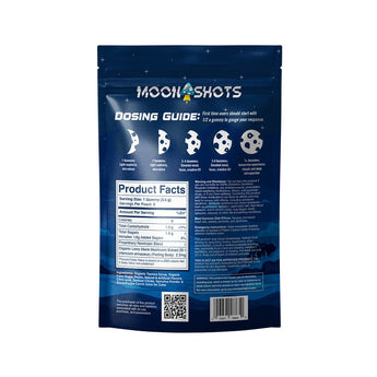 Blue package of Moonshots mushroom gummies with dosing guide on a white background