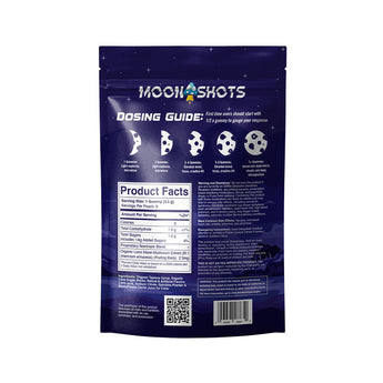 Moonshots Mixed Berry Mushroom Gummies 10 count bag with nutrition facts and dosing guide.