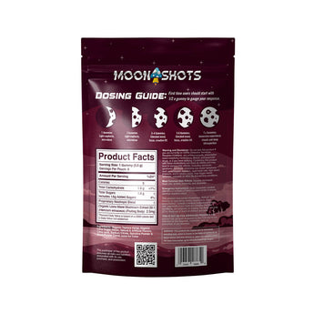 Moonshots Snozzberry Mushroom Gummies 10 count bag with dosing instructions.