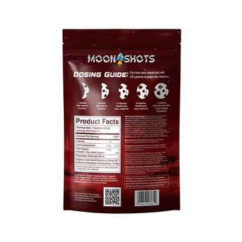 Moonshots Wildberry Mushroom Gummies 10 count bag with dosing guide and ingredients.
