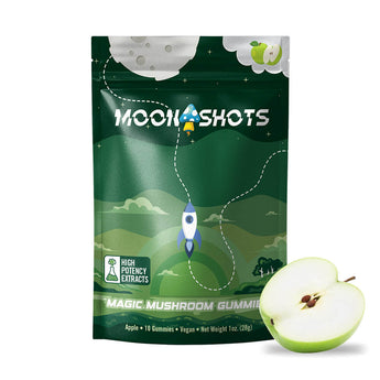 Moonshots Apple Mushroom Gummies 10 count bag with crisp cosmic apple design.