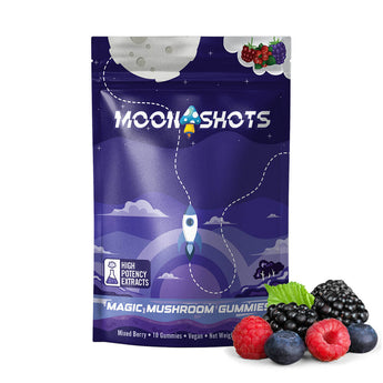 Moonshots Mixed Berry Mushroom Gummies 10 count bag with fruity cosmic design.