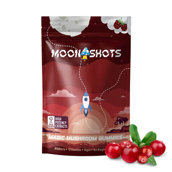 Moonshots Wildberry Mushroom Gummies 10 count bag with cosmic berry design.
