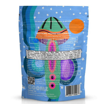 The back of the Goomz Magic Mushroom Gummies Star Bites bag displays ingredients, nutrition facts, and dosage recommendations.