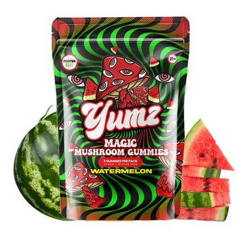 New Yumz Mushroom Gummies, watermelon flavor, 1400mg potency, vegan, THC-free, lab-tested, made in the USA.