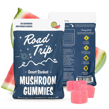 Front view of Watermelon Road Trip  Mushroom Gummies pack featuring bold design and vibrant pink watermelon slices