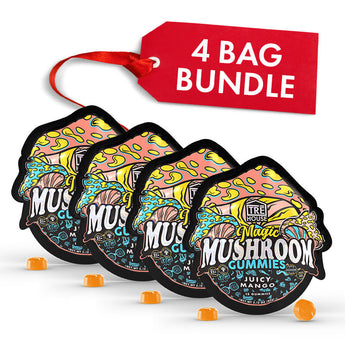 Four bags of TRE House Juicy Mango Magic Mushroom Gummies are shown together as a 4-pack bundle.