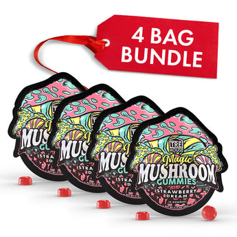 Four bags of TRE House Strawberry Dream Magic Mushroom Gummies shown together as a 4-pack bundle.
