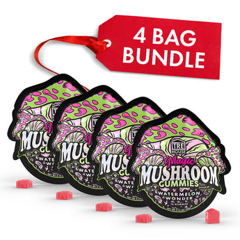 Four bags of TRE House Watermelon Wonder Magic Mushroom Gummies shown together as a 4-pack bundle.