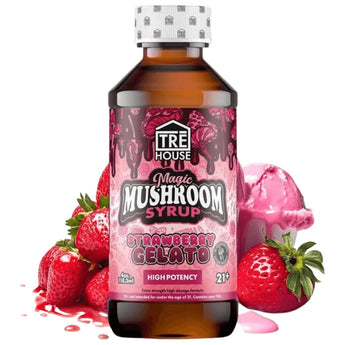 Tre House Strawberry Gelato Magic Mushroom Syrup, blending sweet strawberry and creamy gelato flavors for a euphoric experience.