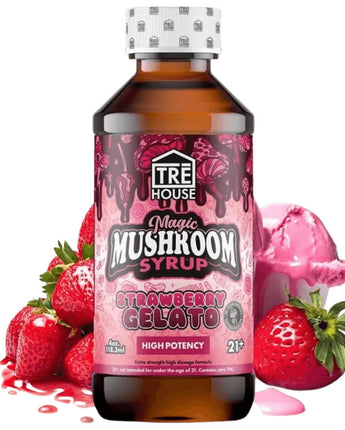 Tre House Strawberry Gelato Magic Mushroom Syrup, blending sweet strawberry and creamy gelato flavors for a euphoric experience.