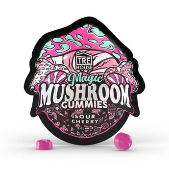 an image of a pack of magic mushroom gummies by Tre House in Cherry Flavor