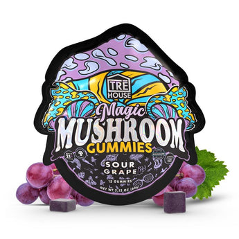 A picture for the package of Sour Grape magic mushroom gummies from Tre House. 