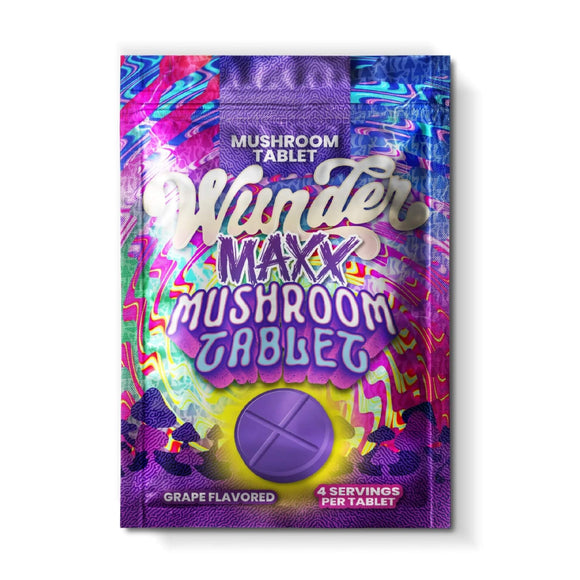 Wunder Maxx Grape mushroom tablet packaging with one scored tablet