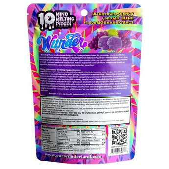 The product image shows the back of the bag with nutrition facts and ingredients for Wunder Brands magic mushroom gummies with kava root. 
