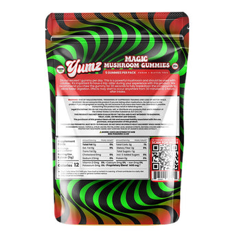 Yumz Mushroom Gummies, back label with nutrition facts and ingredients, watermelon flavor, lab-tested, vegan, THC-free.